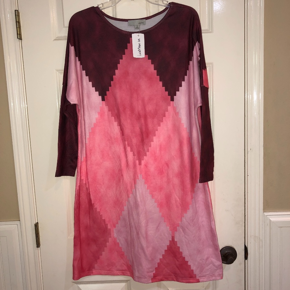 NEW LUUKSE Pink L/S Digital Bohemian Long Dress Tunic Small Boho Geometric NWT